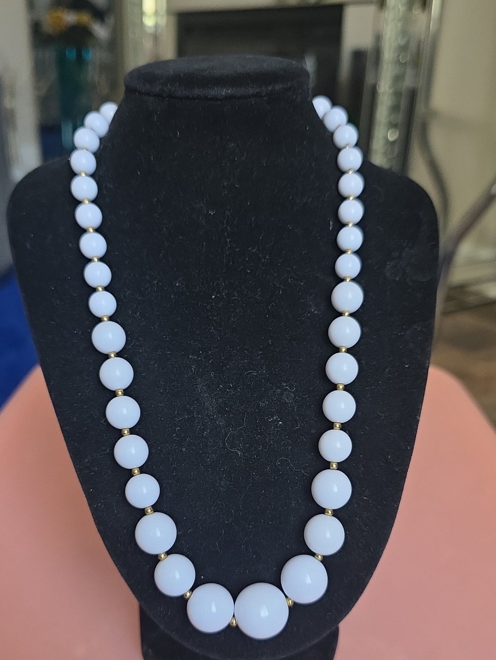 Vintage Pale Blue Beaded Necklace with Gold Accents